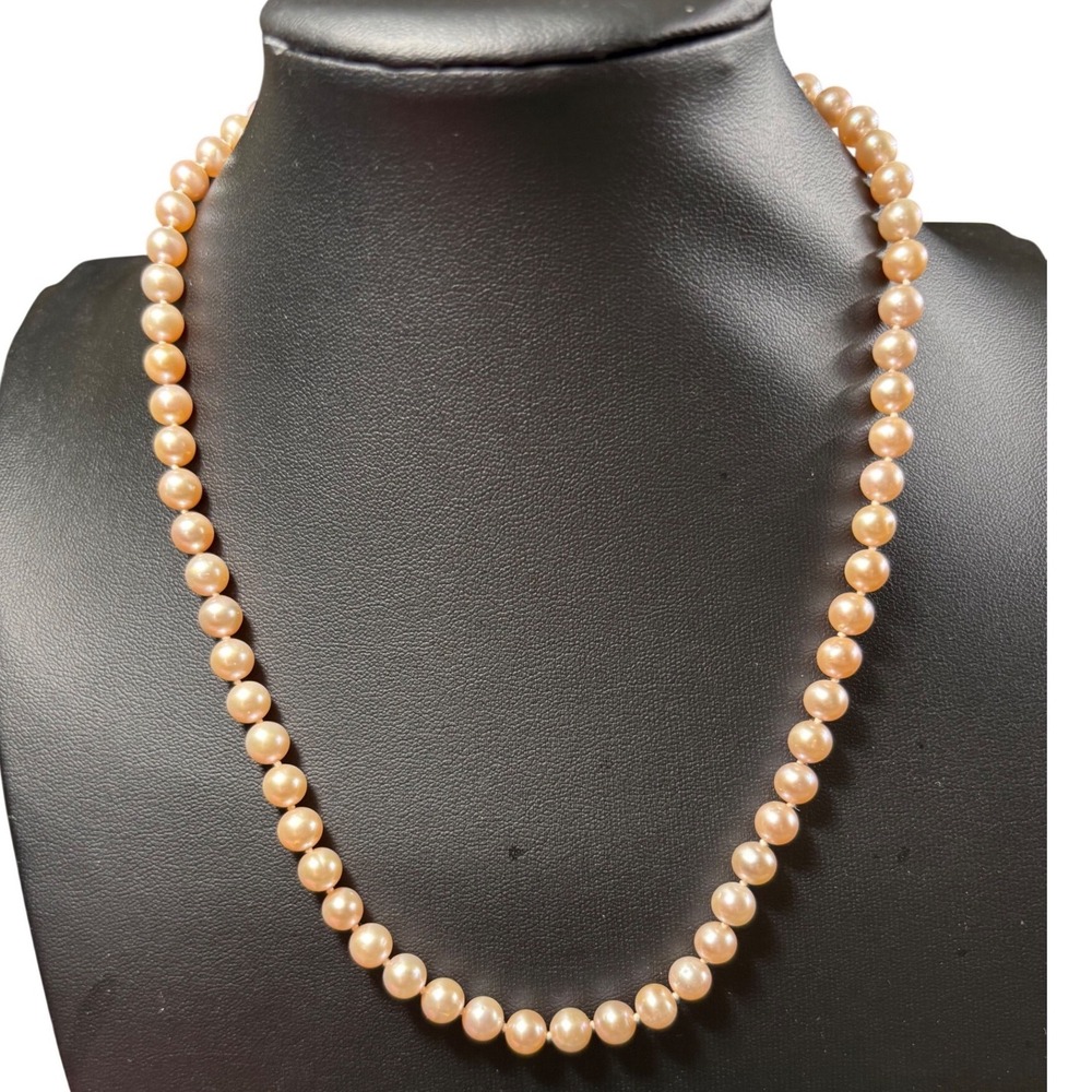VTG 14K Gold Clasp Hand-Knotted Peach‎ Pink Freshwater Pearl Strand Necklace